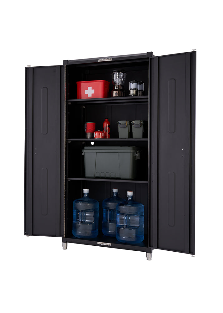 A tall, black, two-door metal storage cabinet is shown with its doors open, revealing four shelves filled with various emergency preparedness items. The top shelf holds a red first-aid kit, a coffee percolator, and two lanterns, while the second shelf contains a red thermos, a fuel container, and two green ammo cans. A large dark green storage bin sits on the third shelf, and the bottom shelf holds three five-gallon water dispenser bottles.