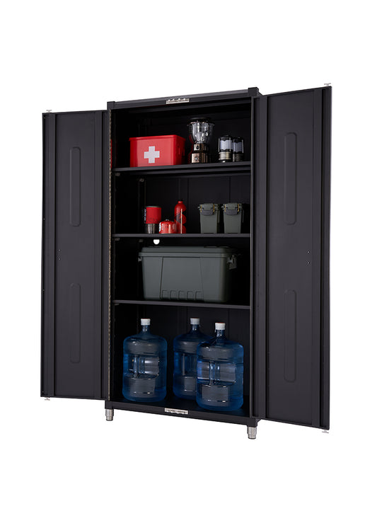 A tall, black, two-door metal storage cabinet is shown with its doors open, revealing four shelves filled with various emergency preparedness items. The top shelf holds a red first-aid kit, a coffee percolator, and two lanterns, while the second shelf contains a red thermos, a fuel container, and two green ammo cans. A large dark green storage bin sits on the third shelf, and the bottom shelf holds three five-gallon water dispenser bottles.