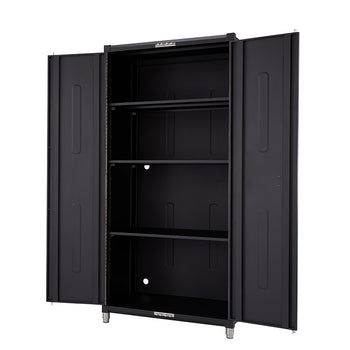 A tall, black metal cabinet with two doors stands open, revealing three internal shelves. The cabinet appears to be made of sturdy material and is designed for storage.