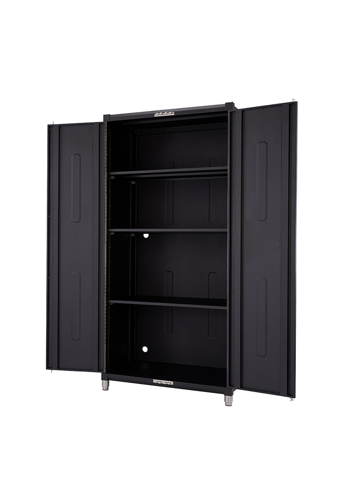 A tall, black metal cabinet with two doors stands open, revealing three internal shelves. The cabinet appears to be made of sturdy material and is designed for storage.