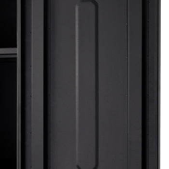 A close-up shot shows a dark gray, possibly metal, panel with a raised, elongated hexagonal shape running vertically down its center. To the left, a darker, recessed area with two horizontal shelves is partially visible.