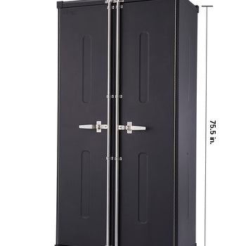 A tall, dark grey storage cabinet with two doors stands on four silver legs. The image includes white text annotations indicating its dimensions: 75.5 inches tall, 36 inches wide, and 24 inches deep.