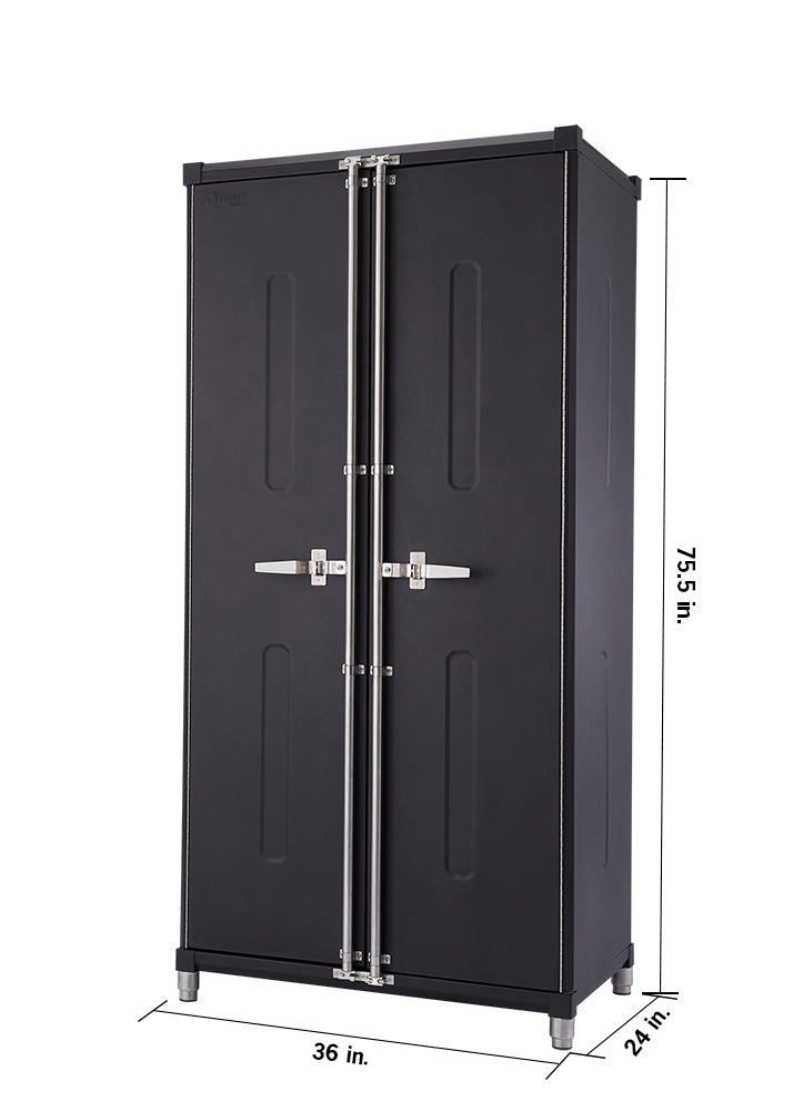 A tall, dark grey storage cabinet with two doors stands on four silver legs. The image includes white text annotations indicating its dimensions: 75.5 inches tall, 36 inches wide, and 24 inches deep.