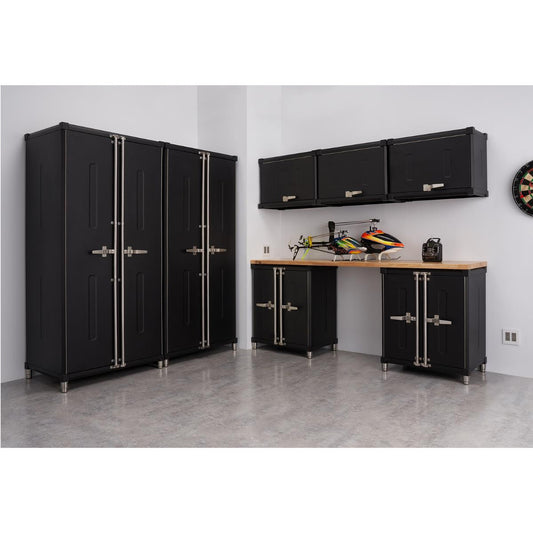 A well-organized garage features a black Trinity PRO 8-Piece Garage Cabinet Set. The set includes 2 locker cabinets, 3 wall cabinets, 2 base cabinet, and 84 inches wide solid wood top.