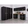 A well-organized garage features a black Trinity PRO 8-Piece Garage Cabinet Set. The set includes 2 locker cabinets, 3 wall cabinets, 2 base cabinet, and 84 inches wide solid wood top.