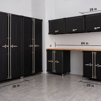 Garage storage system featuring tall cabinets, wall-mounted cabinets, and a workbench with lower storage units. Dimensions are labeled, including tall cabinets (75.7 in high, 36 in wide, 24 in deep), upper cabinets (20 in high, 28 in wide, 14 in deep), and a workbench area (84 in wide, 35 in high, 19 in deep).