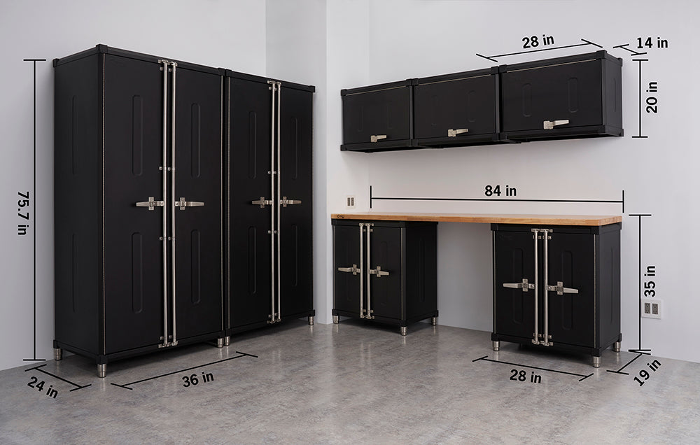 Garage storage system featuring tall cabinets, wall-mounted cabinets, and a workbench with lower storage units. Dimensions are labeled, including tall cabinets (75.7 in high, 36 in wide, 24 in deep), upper cabinets (20 in high, 28 in wide, 14 in deep), and a workbench area (84 in wide, 35 in high, 19 in deep).