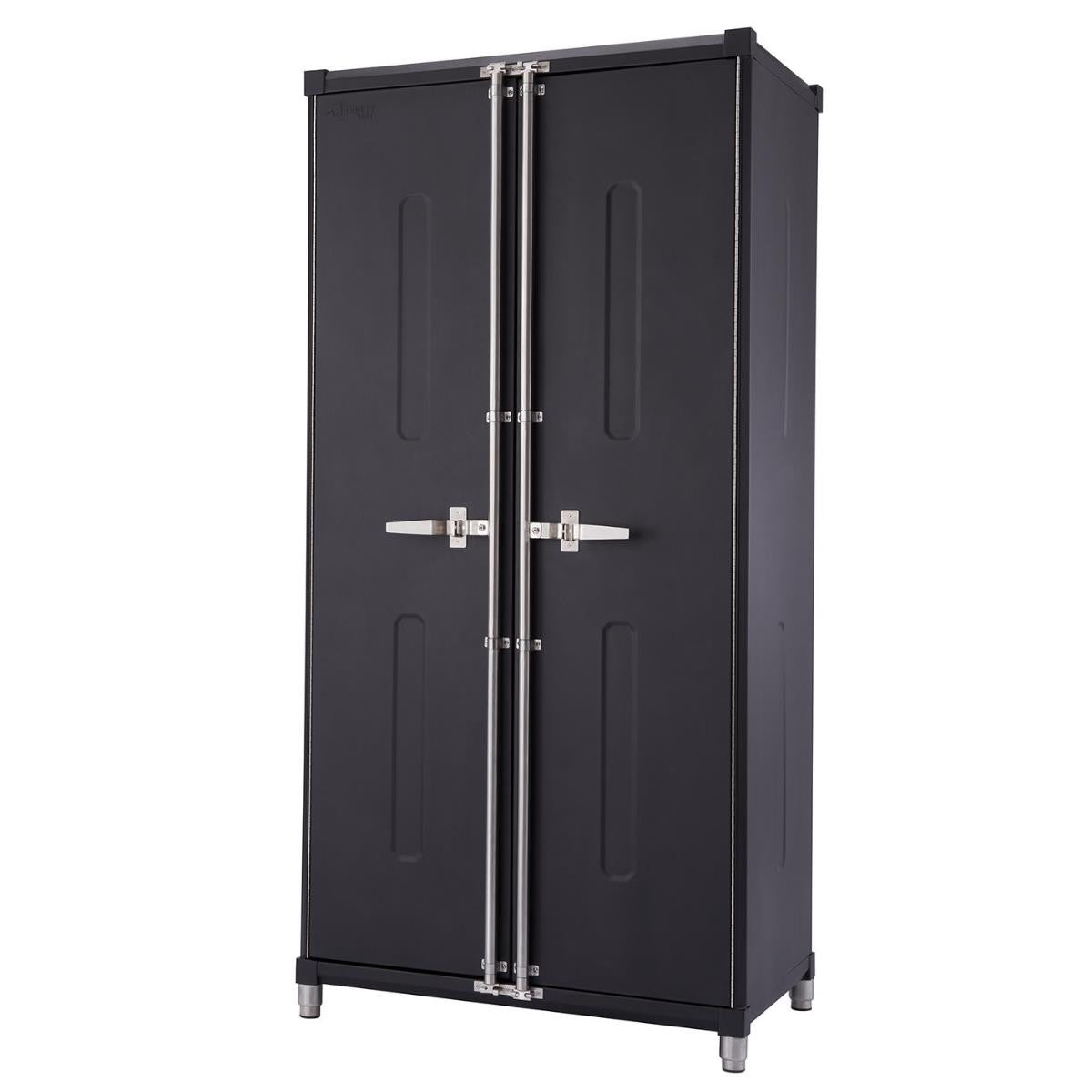 A Trinity Pro Garage Locker Cabinet. The black cabinet is with silver handles and accents, standing on short, cylindrical legs.