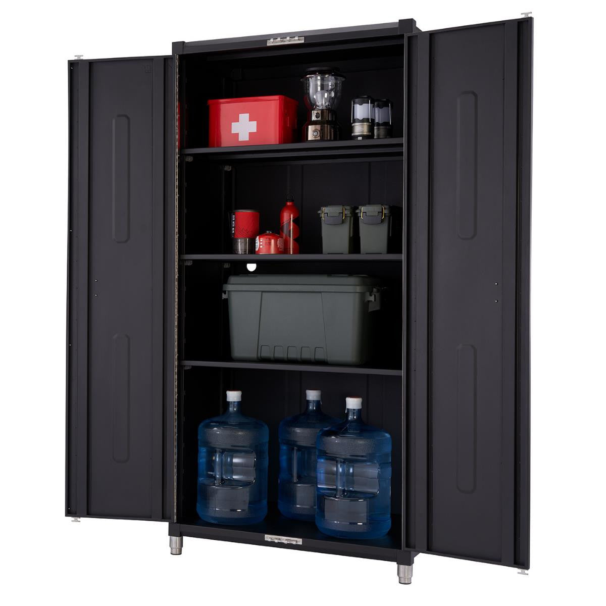 A black metal garage locker cabinet with its double doors open reveals four shelves containing various stored items. These include large water jugs on the bottom shelf, a large green storage container above them, and smaller bins, lanterns, and a red first-aid kit on the upper shelves.