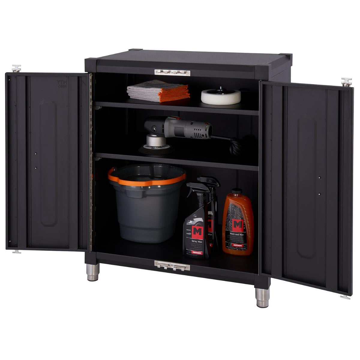 A black 18-gauge steel garage base cabinet with two open doors reveals three shelves containing car detailing supplies. The supplies include buffing pads, a power buffer, a bucket, and bottles of cleaning solutions.