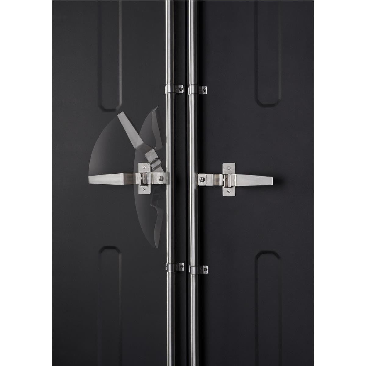 A close-up shows the latching mechanism of a dark-colored cabinet or door. Two vertical stainless steel bars run down the center where two horizontal handles with latching hardware meet and secure the doors.