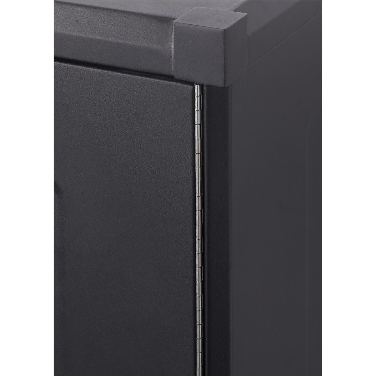 A close-up shot shows the hinge and corner of a black metal storage cabinet. The multi-jointed silver hinge runs vertically along the edge of the cabinet door.
