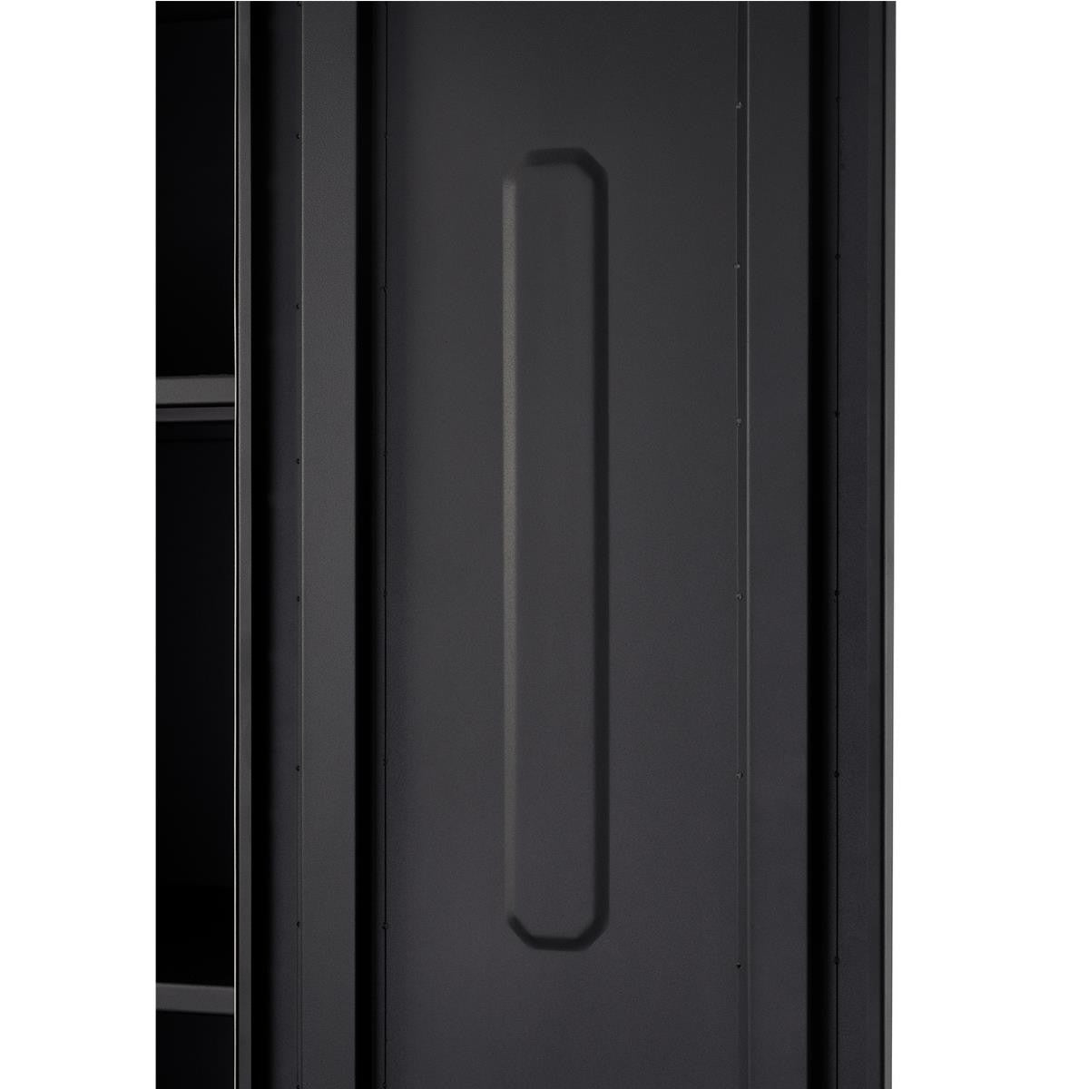 A close-up shows a section of a dark gray metal storage cabinet door. A vertical, slightly recessed rectangular design with rounded ends is visible in the center of the door panel.