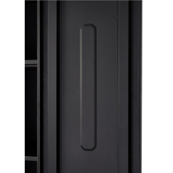 A close-up shows a section of a dark gray metal storage cabinet door. A vertical, slightly recessed rectangular design with rounded ends is visible in the center of the door panel.