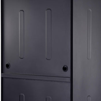 A close-up shows the textured, dark gray metal exterior of a garage cabinet system. The side of a cabinet with vertical recessed panels and circular holes is visible next to the front of another cabinet featuring similar design elements and a visible drawer line.