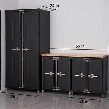 A two pieces of black metal garage storage cabinetry against a white wall. The taller piece is a 75.7-inch tall locker cabinet that is 36 inches wide and 24 inches deep, and the shorter piece is a 35-inch tall workbench/cabinet that is 56 inches wide and 28 inches deep with a wooden countertop.