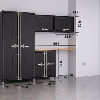 Black modular garage storage system with multiple cabinets, drawers, and a wooden countertop is shown against a gray wall. Dimensions for each component are labeled, including 75.7 inches in height for the tall cabinet and 56 inches for the length of the countertop.
