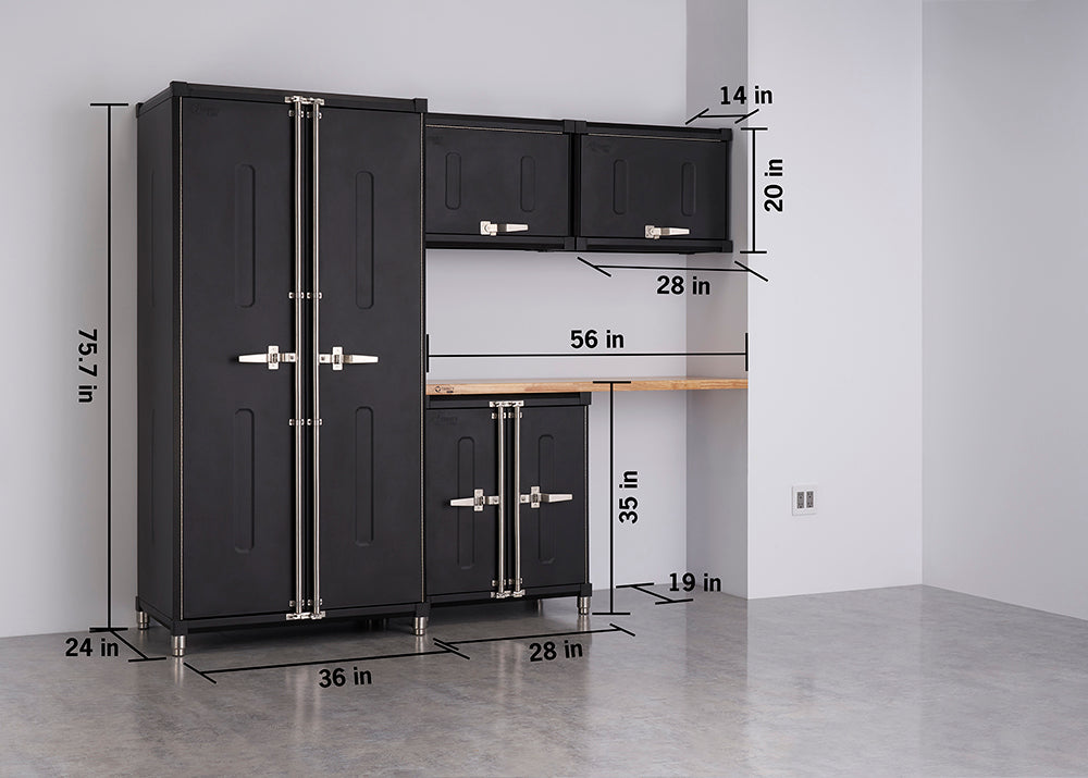 Black modular garage storage system with multiple cabinets, drawers, and a wooden countertop is shown against a gray wall. Dimensions for each component are labeled, including 75.7 inches in height for the tall cabinet and 56 inches for the length of the countertop.