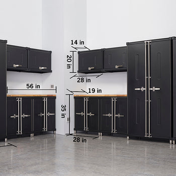 Black modular garage cabinet system shown in an L-shaped layout against two adjoining walls. Cabinets are labeled with dimensions, including tall storage (75.7 in high), wall-mounted (14 in high), and base units with wooden countertops (35 in high).