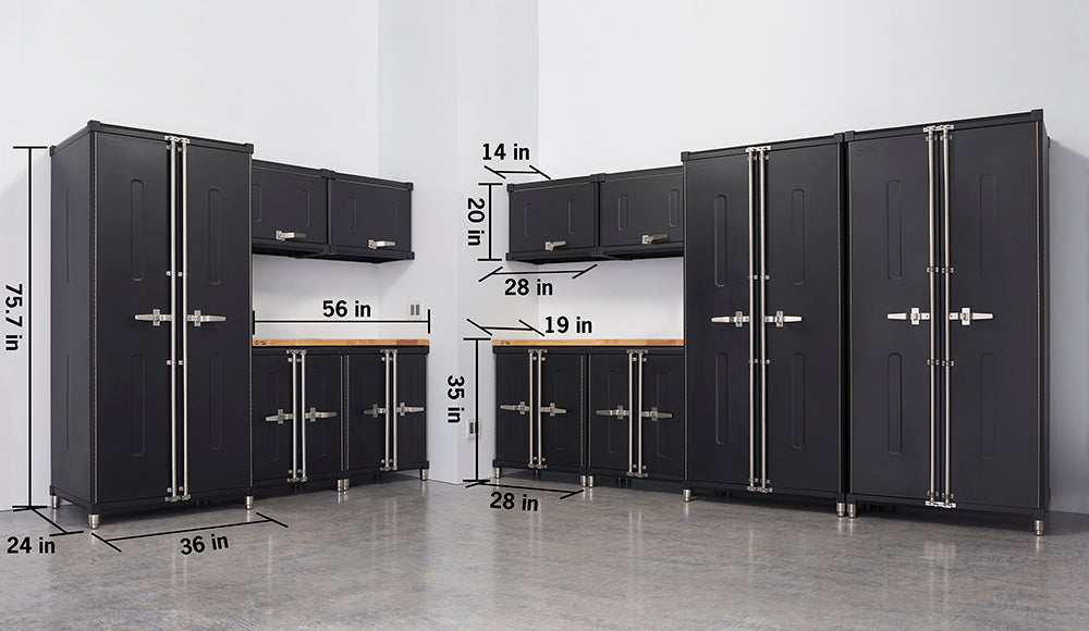 Black modular garage cabinet system shown in an L-shaped layout against two adjoining walls. Cabinets are labeled with dimensions, including tall storage (75.7 in high), wall-mounted (14 in high), and base units with wooden countertops (35 in high).