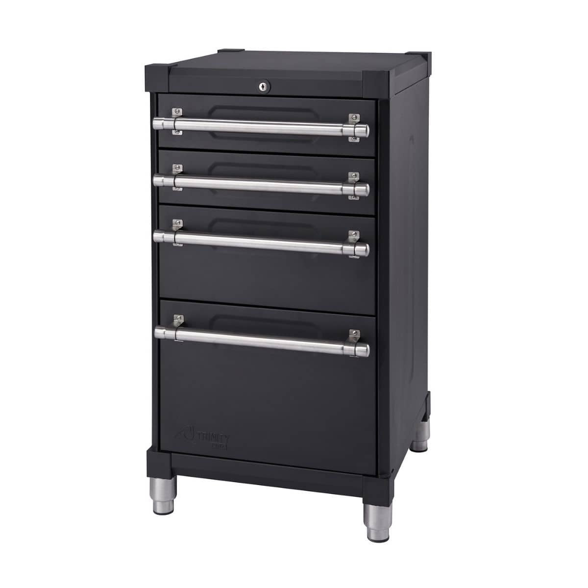 A black Trinity Pro garage base cabinet with four drawers and silver handles is shown against a white background. The cabinet has a lock at the top and adjustable silver legs at the bottom.