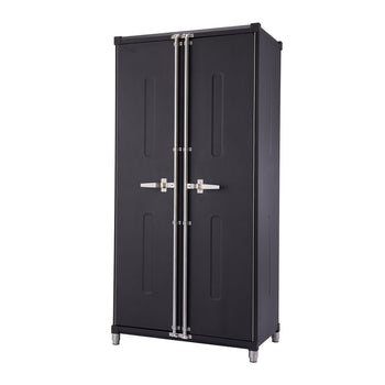 A tall, dark gray or black metal garage cabinet with two vertically hinged doors is shown against a white background. The cabinet features silver-toned handles, hinges, and four short, cylindrical legs.