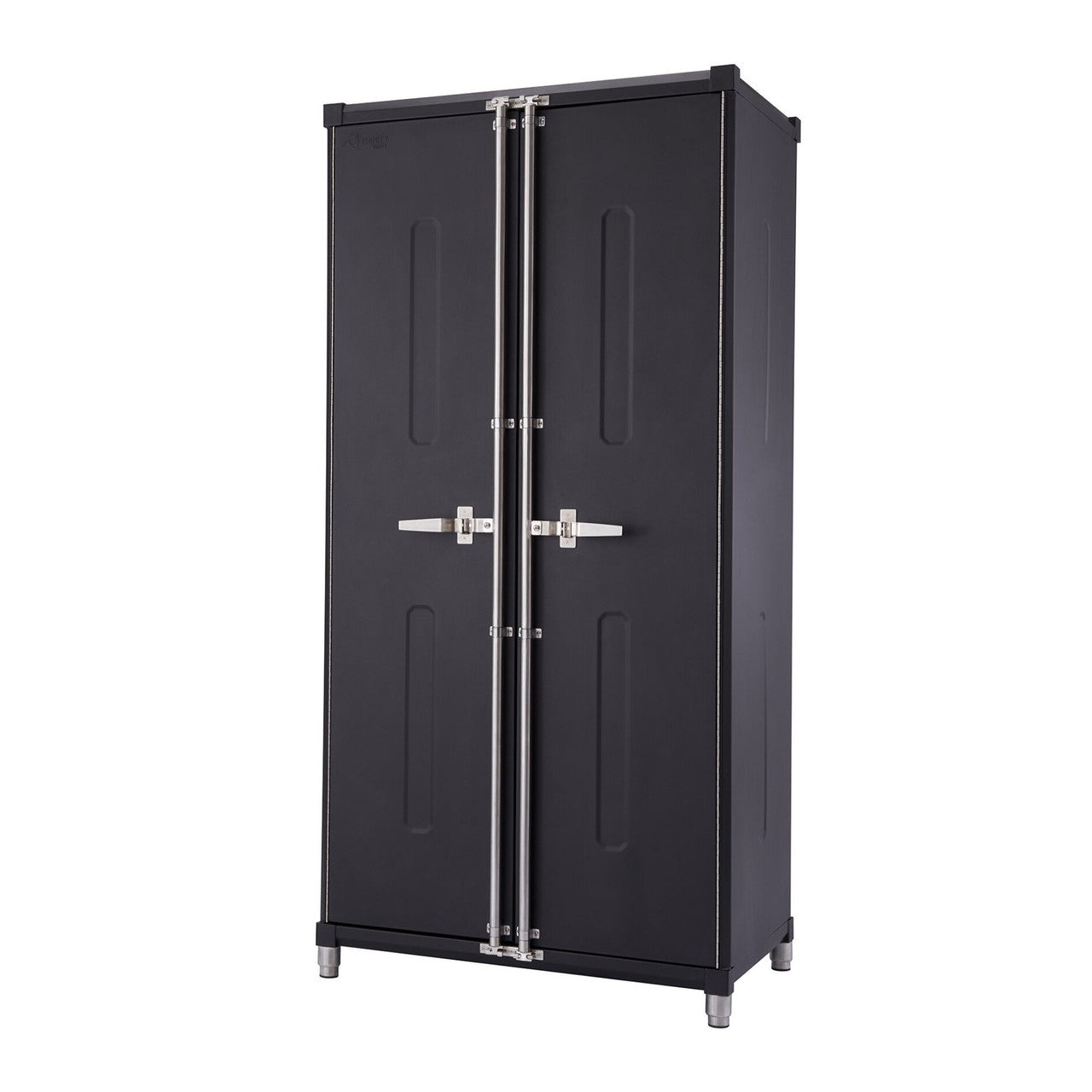 A tall, dark gray or black metal garage cabinet with two vertically hinged doors is shown against a white background. The cabinet features silver-toned handles, hinges, and four short, cylindrical legs.