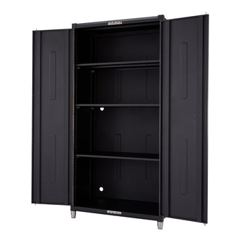 A black metal garage locker cabinet stands with its double doors partially open, revealing three interior shelves. The cabinet has silver-colored cylindrical feet and a simple, functional design.