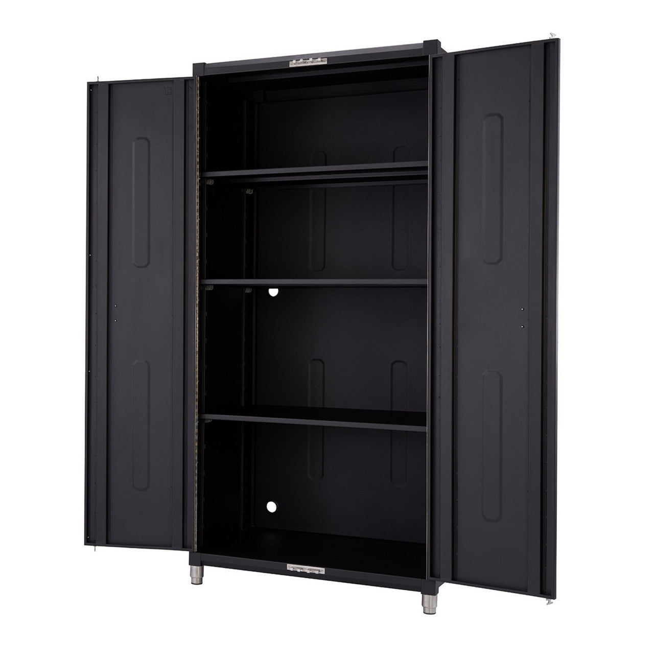 A black metal garage locker cabinet stands with its double doors partially open, revealing three interior shelves. The cabinet has silver-colored cylindrical feet and a simple, functional design.