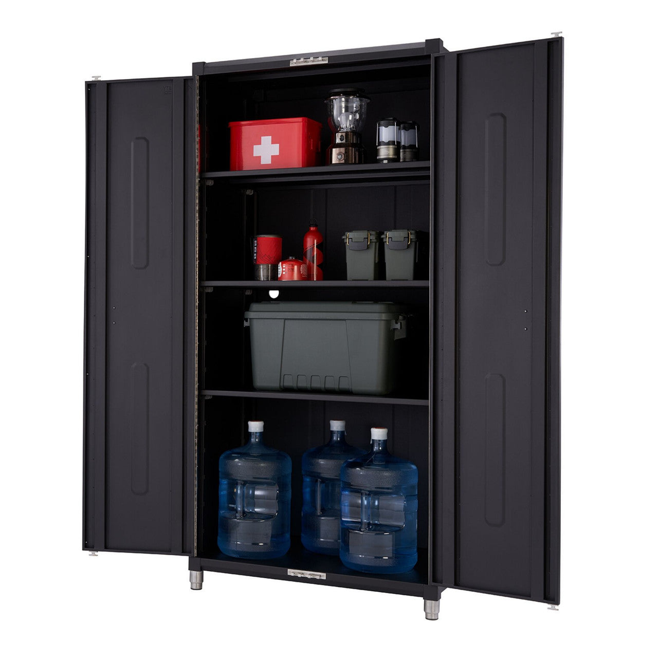 A black 18-gauge steel garage cabinet with its double doors open reveals four shelves containing various stored items. From top to bottom, these include a red first-aid kit, camping lanterns, small red and gray containers, two gray hard cases, a large gray storage bin, and three large blue water jugs on the bottom shelf.