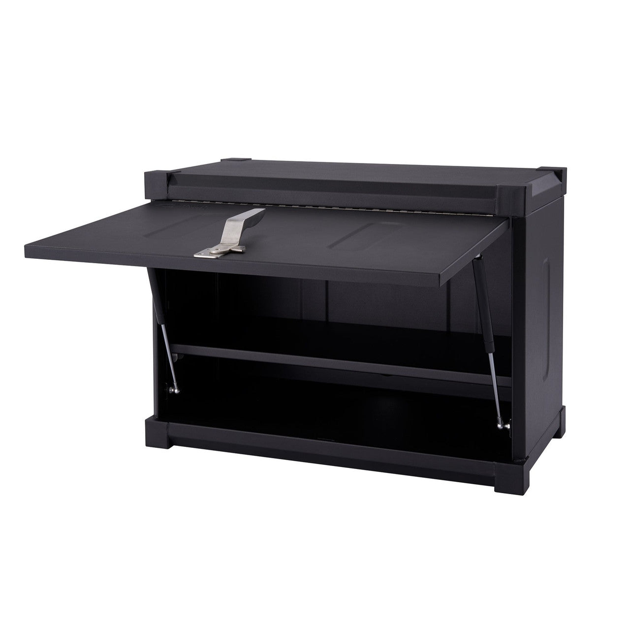A black metal wall-mounted cabinet with its door partially open is shown against a white background. The cabinet has two interior shelves visible and a silver latch on the front door.