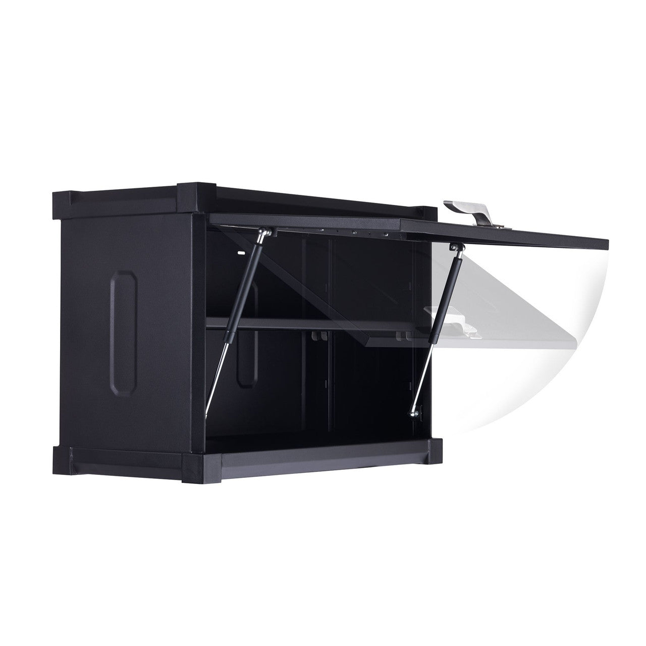 A black metal garage cabinet is shown with its top door partially open. The door is held open by two pneumatic struts, and the interior of the cabinet with a shelf is visible.