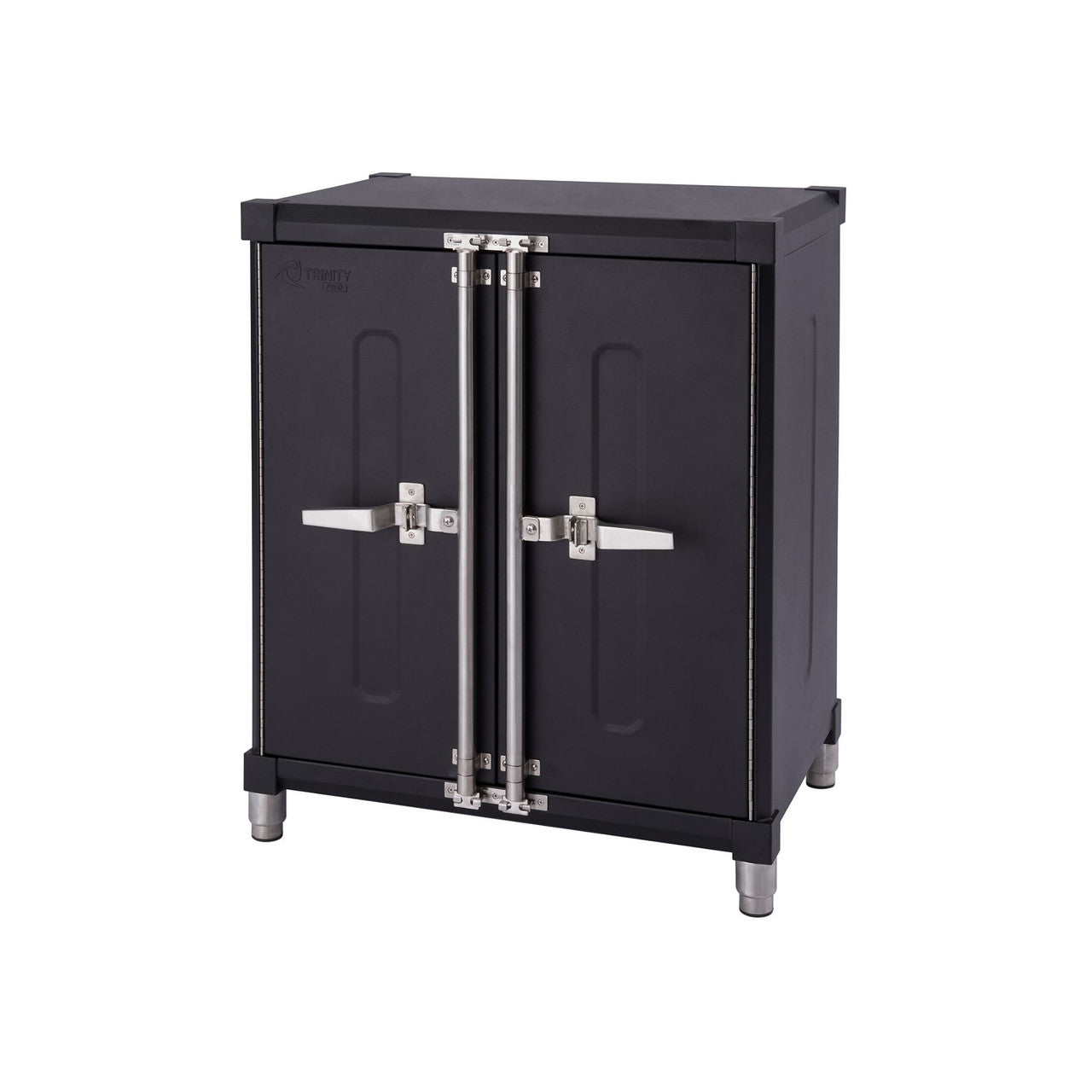 A black, 18-gauge steel garage base cabinet by Trinity Pro is shown against a white background. The cabinet has two doors with silver handles and hinges, and it rests on four adjustable silver legs.