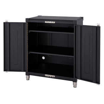 A black 18-gauge steel garage base cabinet by Trinity PRO is shown with its two doors open, revealing three interior shelves. The cabinet has a width of 28 inches, a height of 33.6 inches, and a depth of 18.7 inches.