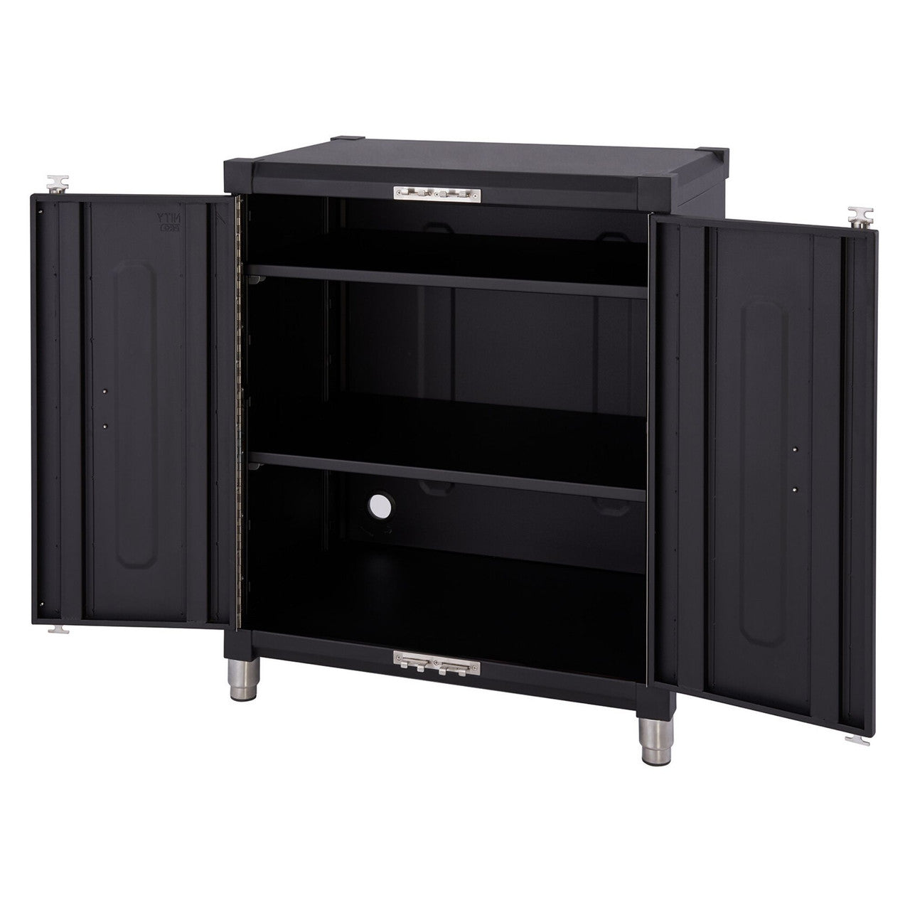 A black 18-gauge steel garage base cabinet by Trinity PRO is shown with its two doors open, revealing three interior shelves. The cabinet has a width of 28 inches, a height of 33.6 inches, and a depth of 18.7 inches.