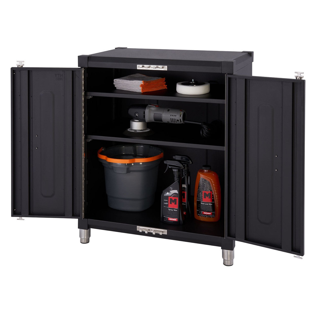 This is a close-up shot of a black, two-door garage cabinet with its doors wide open, revealing three shelves stocked with various automotive cleaning and detailing supplies. The cabinet stands on short, sturdy legs and has a clean, industrial design.