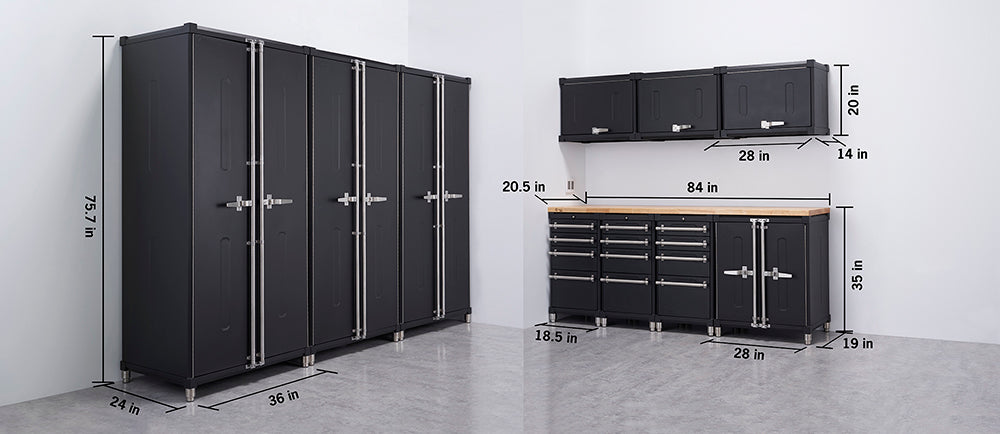 The image shows the Trinity Pro 8-Piece Garage Cabinet Set, featuring black cabinets with silver handles. The set includes tall cabinets, wall-mounted cabinets, and a workbench with drawers.