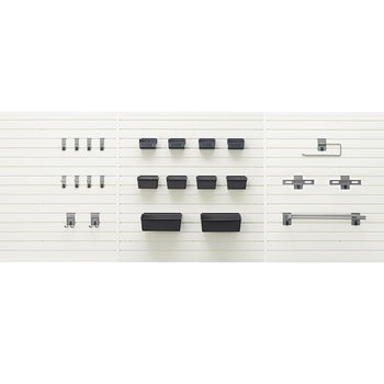 A modular storage system is displayed, featuring three cream-colored slat wall panels. Various accessories are attached, including hooks, dark gray bins of different sizes, and metallic shelves and racks.