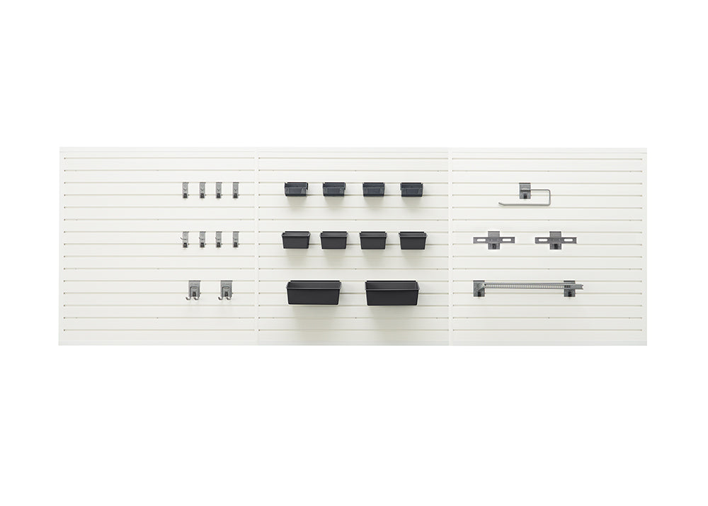 A modular storage system is displayed, featuring three cream-colored slat wall panels. Various accessories are attached, including hooks, dark gray bins of different sizes, and metallic shelves and racks.