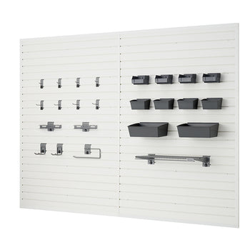 
A two-panel white slatwall organization system is shown, with various grey hooks and bins attached. The left panel features an assortment of hooks, while the right panel holds several bins and a long hanging storage rack.