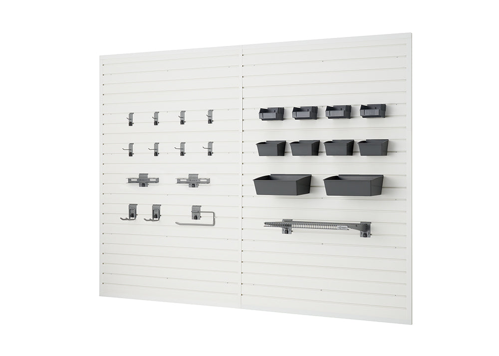 
A two-panel white slatwall organization system is shown, with various grey hooks and bins attached. The left panel features an assortment of hooks, while the right panel holds several bins and a long hanging storage rack.