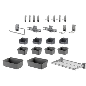 
A comprehensive garage organization system is displayed against a white background, featuring various hooks, bins, and shelves. The system includes different sizes of grey storage bins, an assortment of metal hooks for hanging tools, and a wire shelf unit, all designed to mount onto a wall.