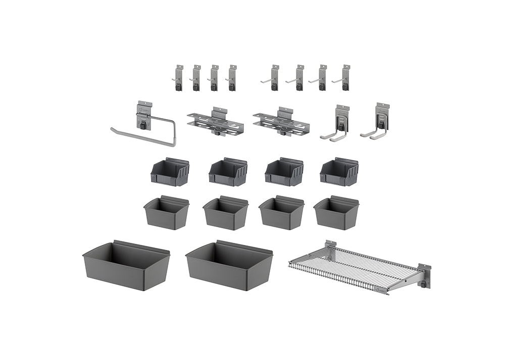 
A comprehensive garage organization system is displayed against a white background, featuring various hooks, bins, and shelves. The system includes different sizes of grey storage bins, an assortment of metal hooks for hanging tools, and a wire shelf unit, all designed to mount onto a wall.