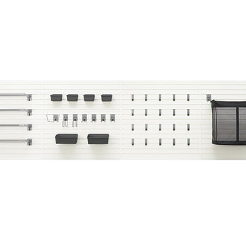 A white slatwall organization system is shown with various dark gray accessories. These include four shelves, six bins of different sizes, numerous hooks, and a large mesh storage bag.