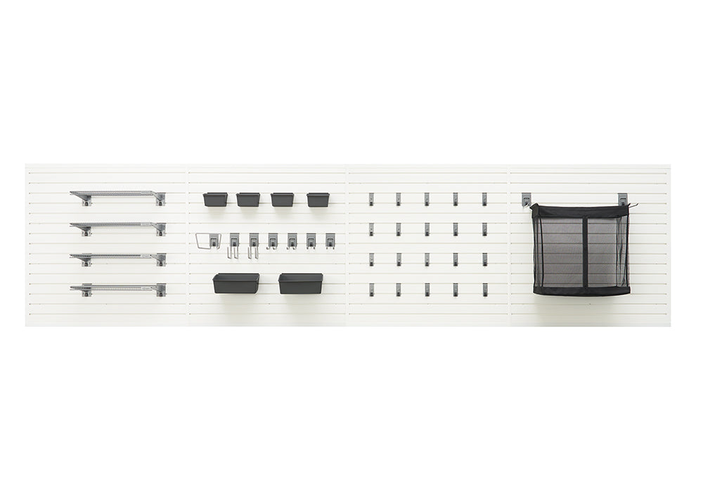 A white slatwall organization system is shown with various dark gray accessories. These include four shelves, six bins of different sizes, numerous hooks, and a large mesh storage bag.