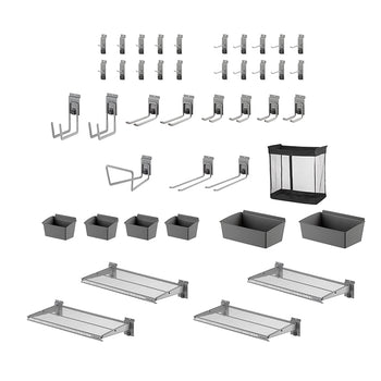 A comprehensive garage organization system is displayed on a white background, featuring various hooks, bins, and shelving units. The top rows show an assortment of silver hooks designed for hanging tools, followed by larger hooks and four gray storage bins, with a black mesh bag and two larger gray bins on the right, and three wire shelves with mounting brackets at the bottom.