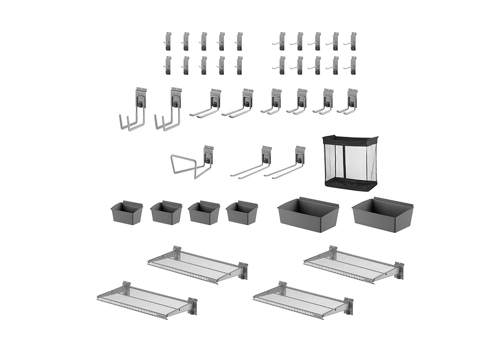 A comprehensive garage organization system is displayed on a white background, featuring various hooks, bins, and shelving units. The top rows show an assortment of silver hooks designed for hanging tools, followed by larger hooks and four gray storage bins, with a black mesh bag and two larger gray bins on the right, and three wire shelves with mounting brackets at the bottom.