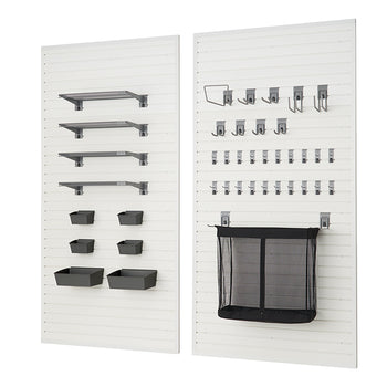 Two tall, white slatwall panels are shown, displaying various garage storage solutions. The left panel features four metal shelves and six dark gray bins, while the right panel has numerous metal hooks of different sizes and a large black mesh storage bag.