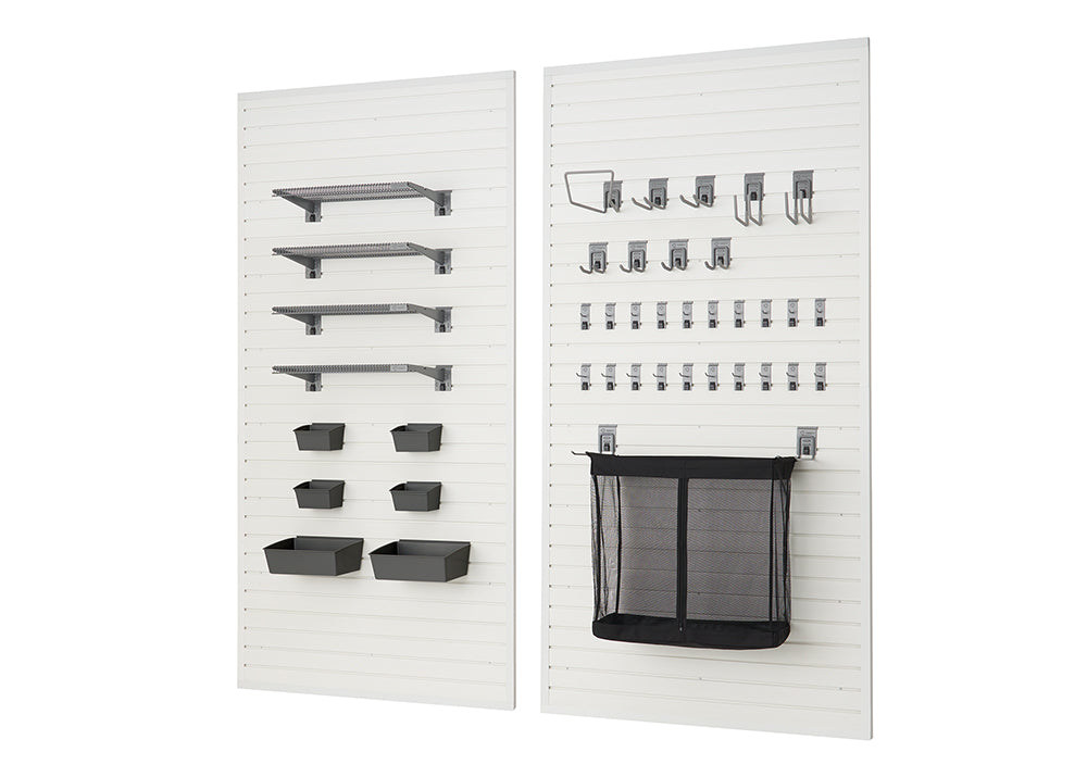 Two tall, white slatwall panels are shown, displaying various garage storage solutions. The left panel features four metal shelves and six dark gray bins, while the right panel has numerous metal hooks of different sizes and a large black mesh storage bag.