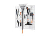 A white modular slatwall system measuring 16 square feet is mounted on a white background, displaying various gardening tools. The tools, including a leaf rake, hedge trimmer, axe, shears, and small hand tools, are neatly organized using different types of hooks and brackets attached to the horizontal slats.